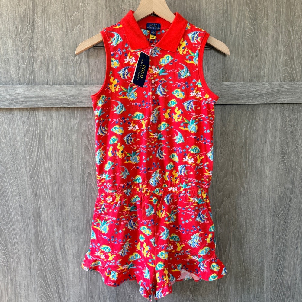 Polo Ralph Lauren Romper Girls L (12-14) Red Tropical Fish Ruffle Preppy NWT
